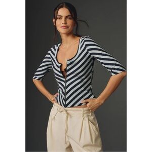 Anthropologie Maeve Blue Stripe Scoop Neck Front Zip Short Sleeve Top size S EUC